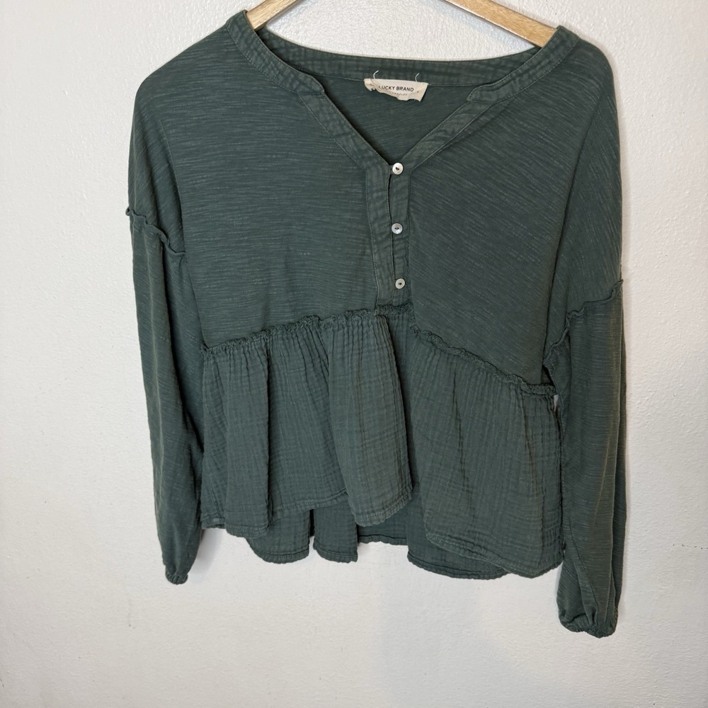 Lucky‎ Brand Green Cotton Peplum Top V-neck Boho Festival Spring Women's Small